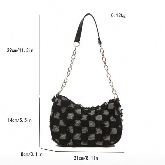 Checkerboard Chain Shoulder Bag - Black & Gray - Picture 6 of 7